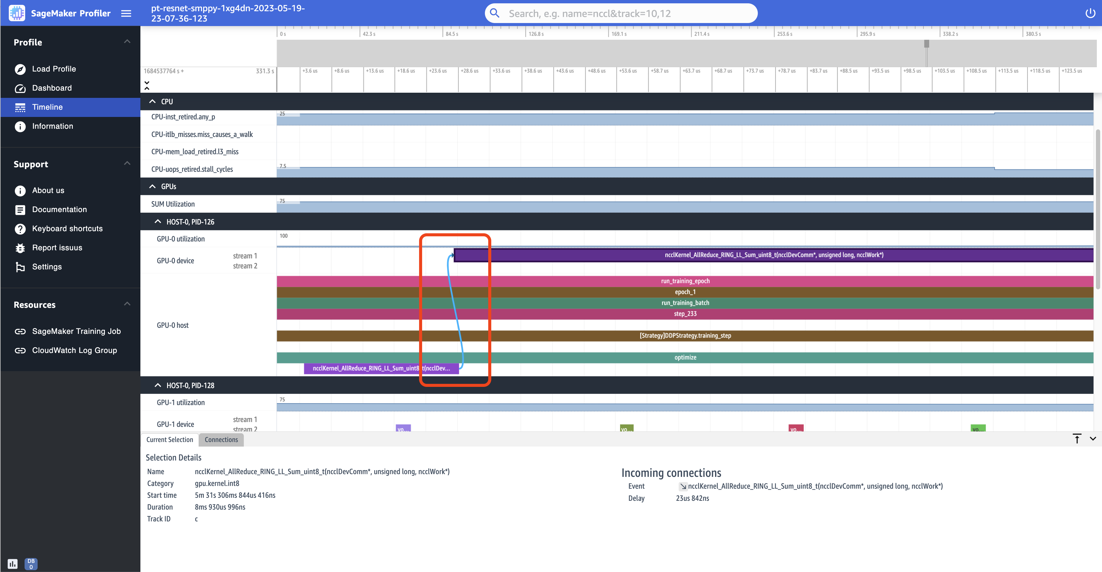Una schermata della pagina Timeline nell'interfaccia utente di Profiler SageMaker