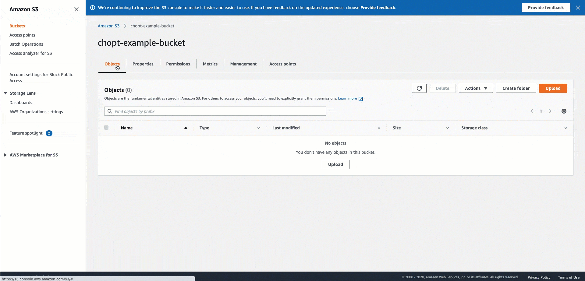 Amazon S3 console showing an empty bucket named chopt-example-bucket. (AI generated)