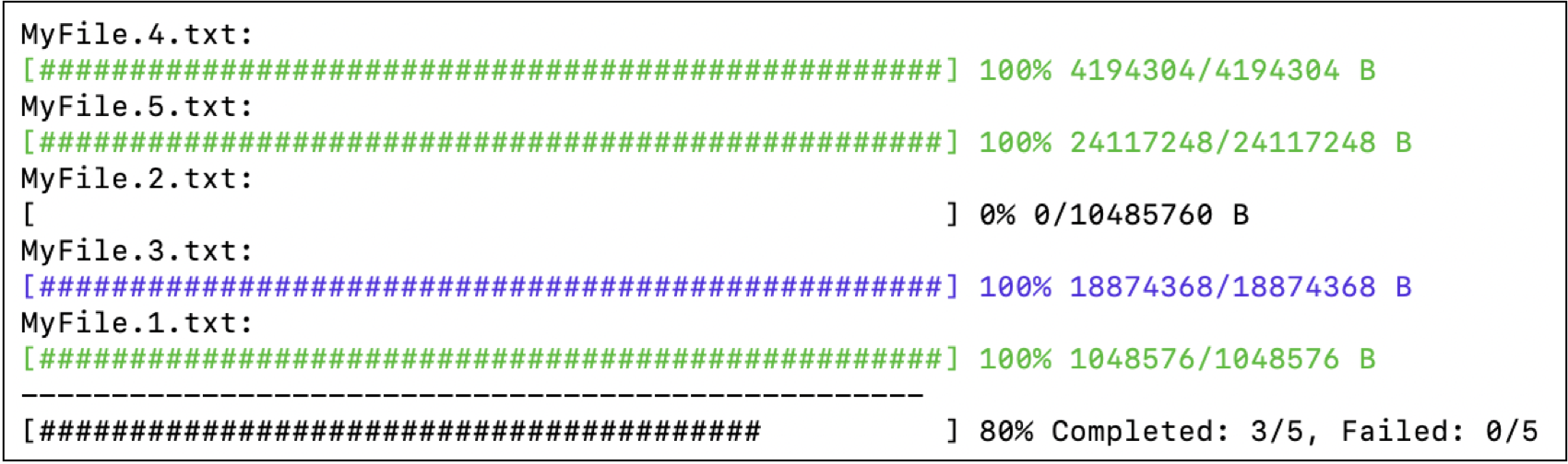 Output della console che mostra più barre di avanzamento per il caricamento di più file con una barra di avanzamento riassuntiva nella parte inferiore