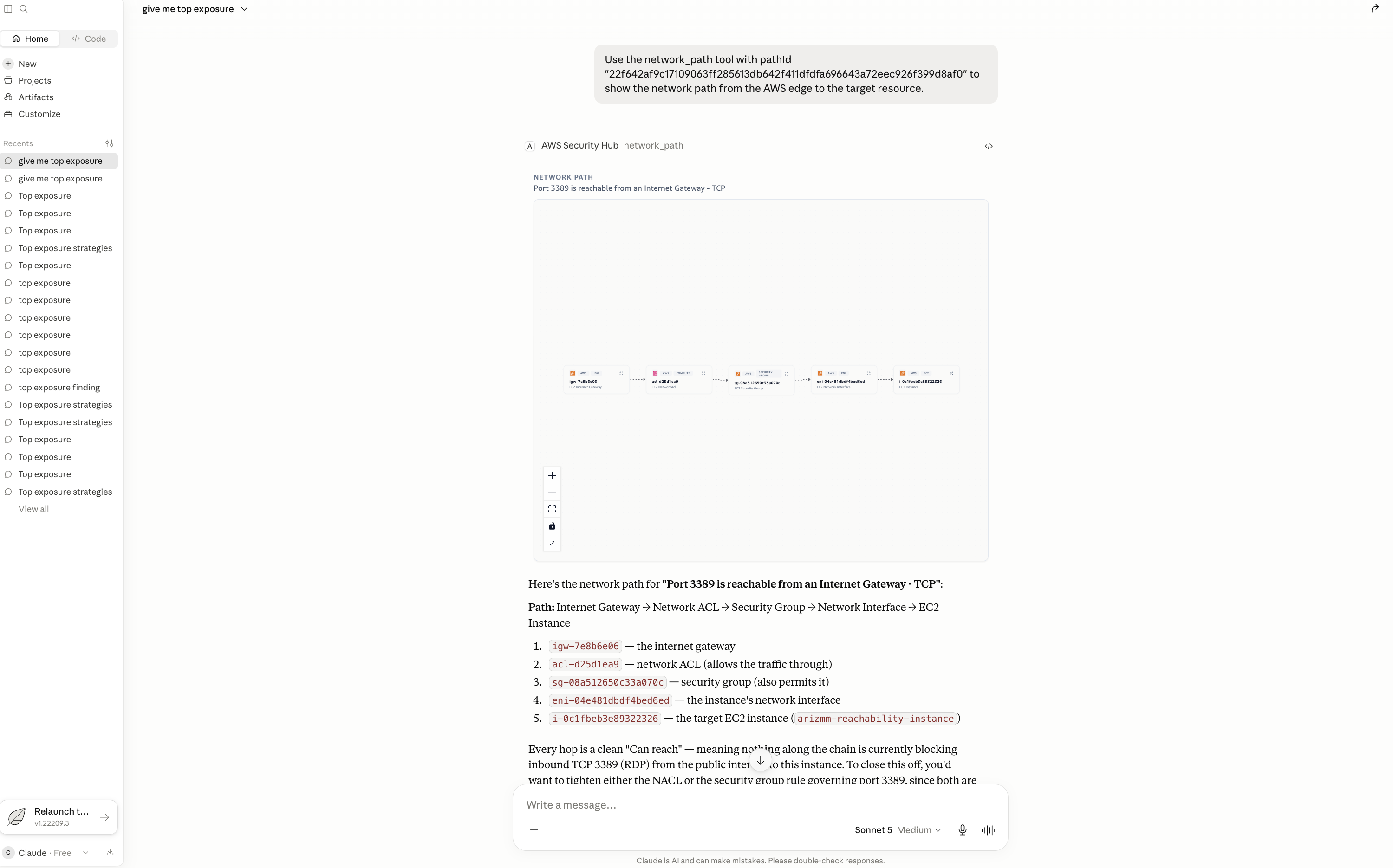 Salti di rete ordinati dall' AWS edge attraverso il gateway, il NACL, il gruppo di sicurezza e l'ENI verso la destinazione.