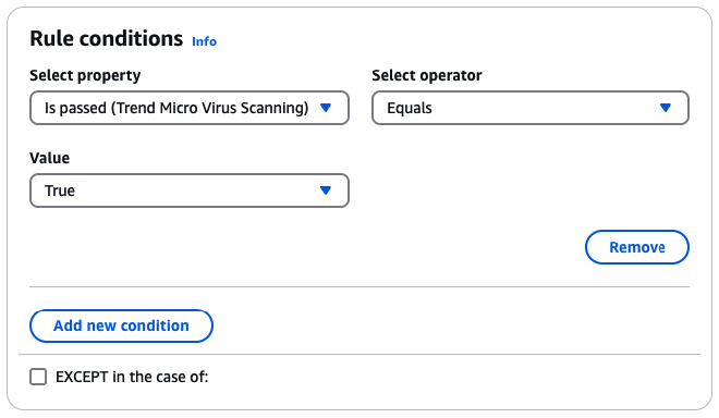 Utilizzo del componente aggiuntivo Trend Micro Virus Scanning in una condizione di regola per determinare l'azione della regola per le e-mail che superano la scansione antivirus.