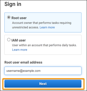 Utente root che inserisce il proprio indirizzo e-mail in AWS Management Console.