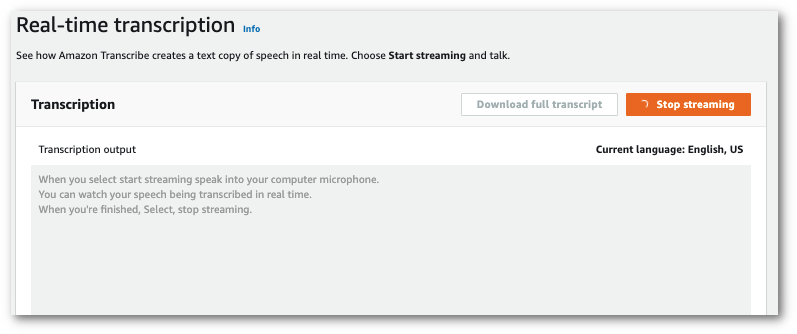 Amazon Transcribescreenshot della console: anteprima di esempio per una trascrizione in tempo reale.