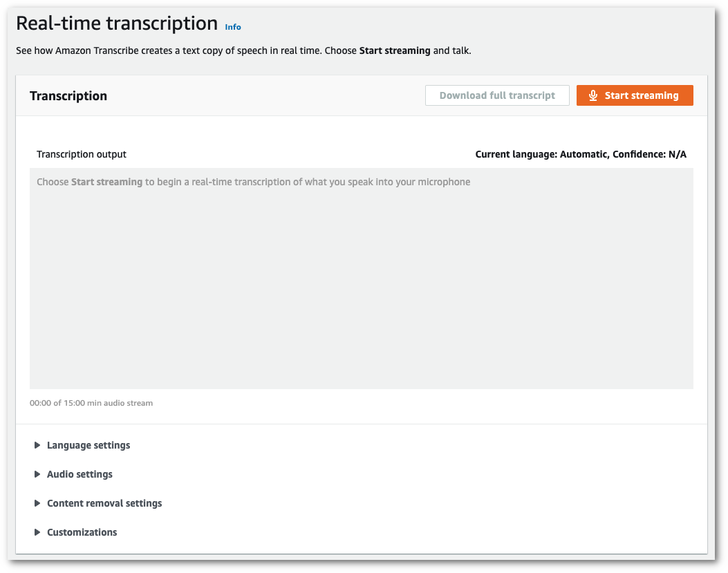 Schermata della console Amazon Transcribe: la scheda 'impostazioni lingua' ridotta nella pagina 'trascrizione in tempo reale'.