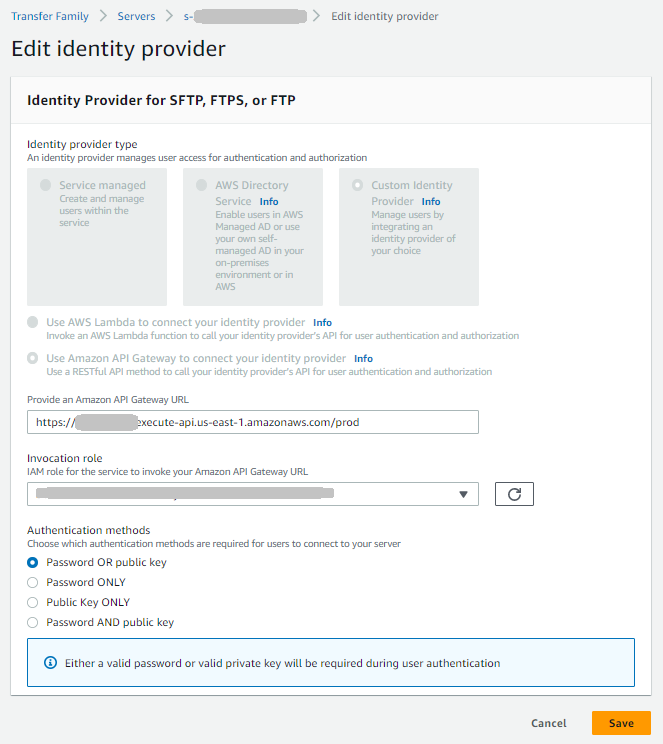 Per un provider di identità API Gateway, puoi aggiornare l'URL del Gateway o il ruolo di invocazione, o entrambi.