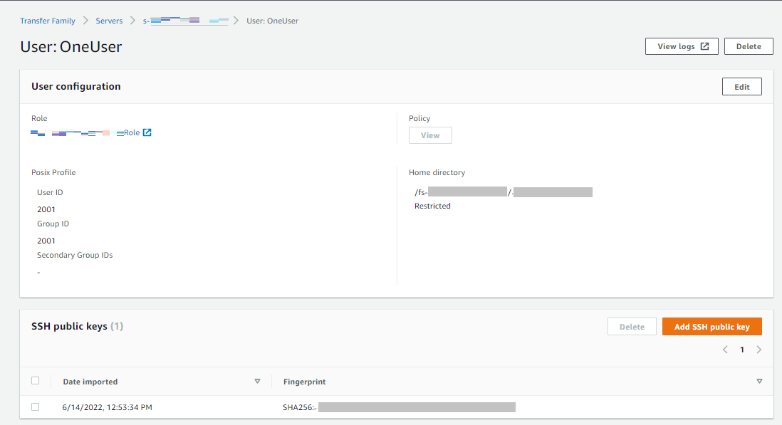 La AWS Transfer Family console, che mostra i dettagli utente per un utente selezionato.