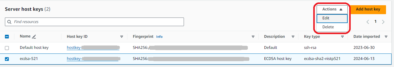 Il menu Azioni della chiave di comando del server.