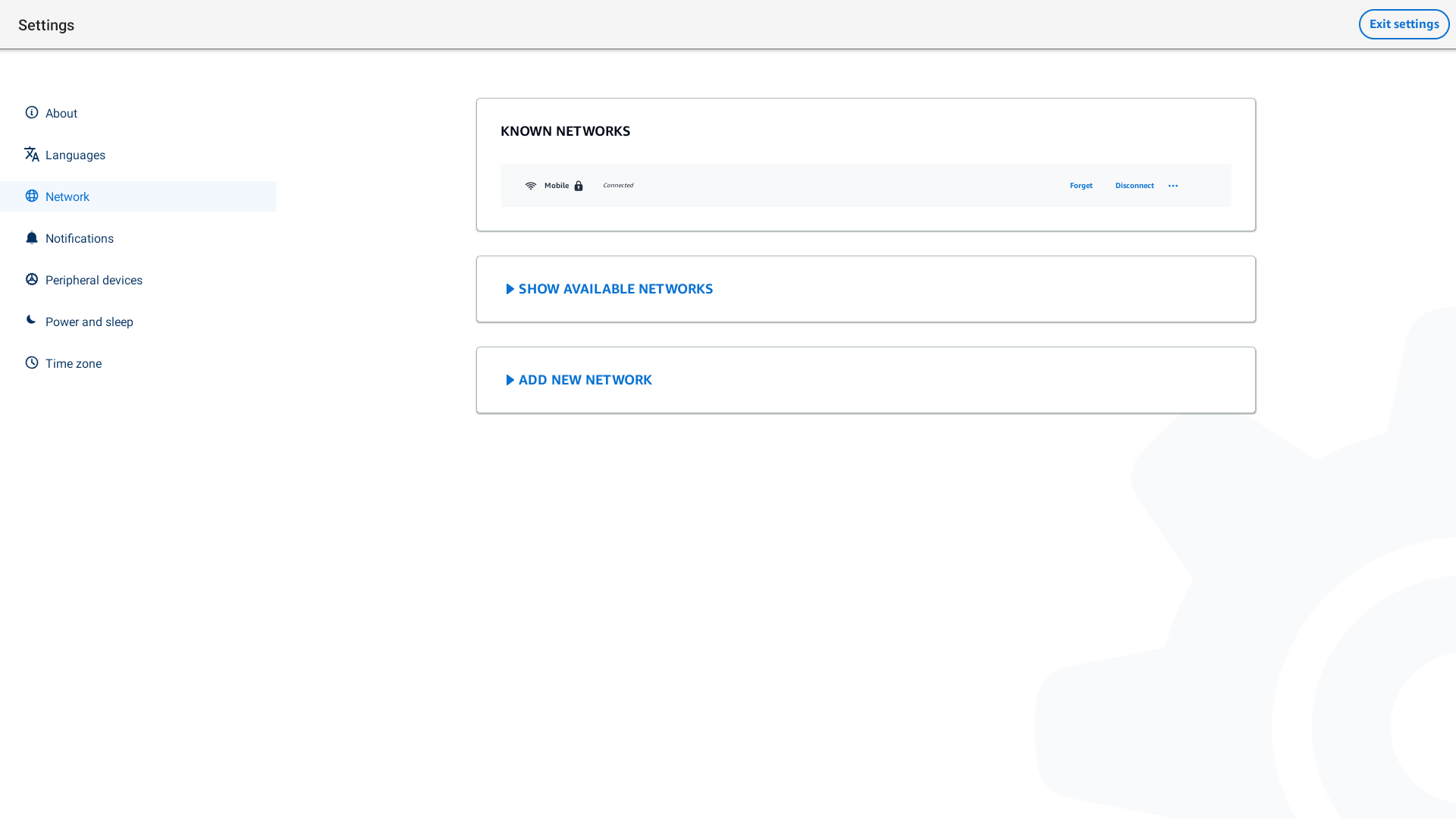 Network settings page showing one connected mobile network and options to view or add networks.