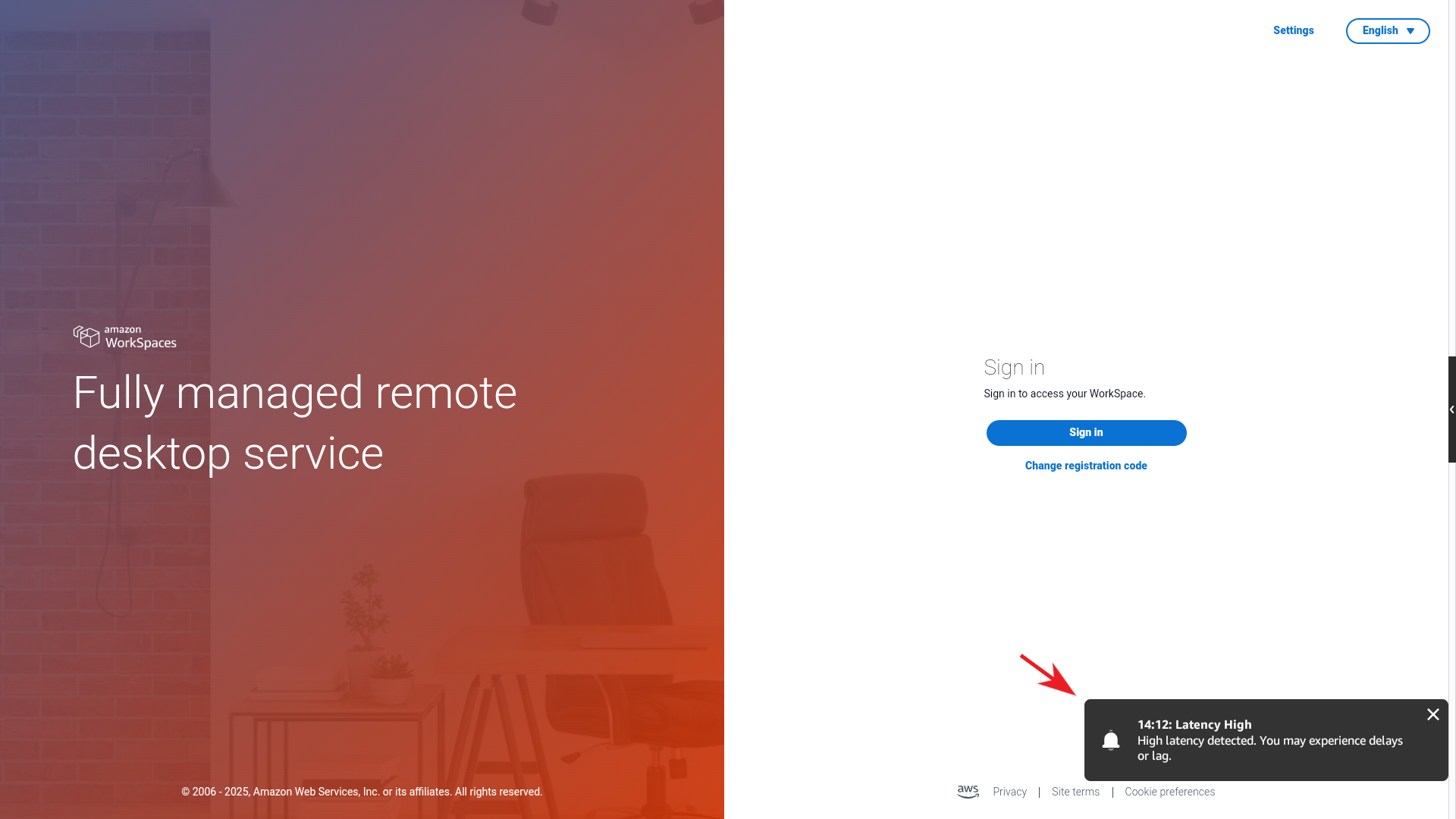 Amazon WorkSpaces sign-in page with high latency notification alert.