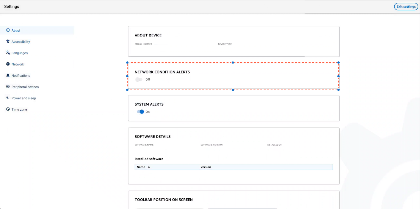 Settings interface showing network condition alerts off and system alerts on.