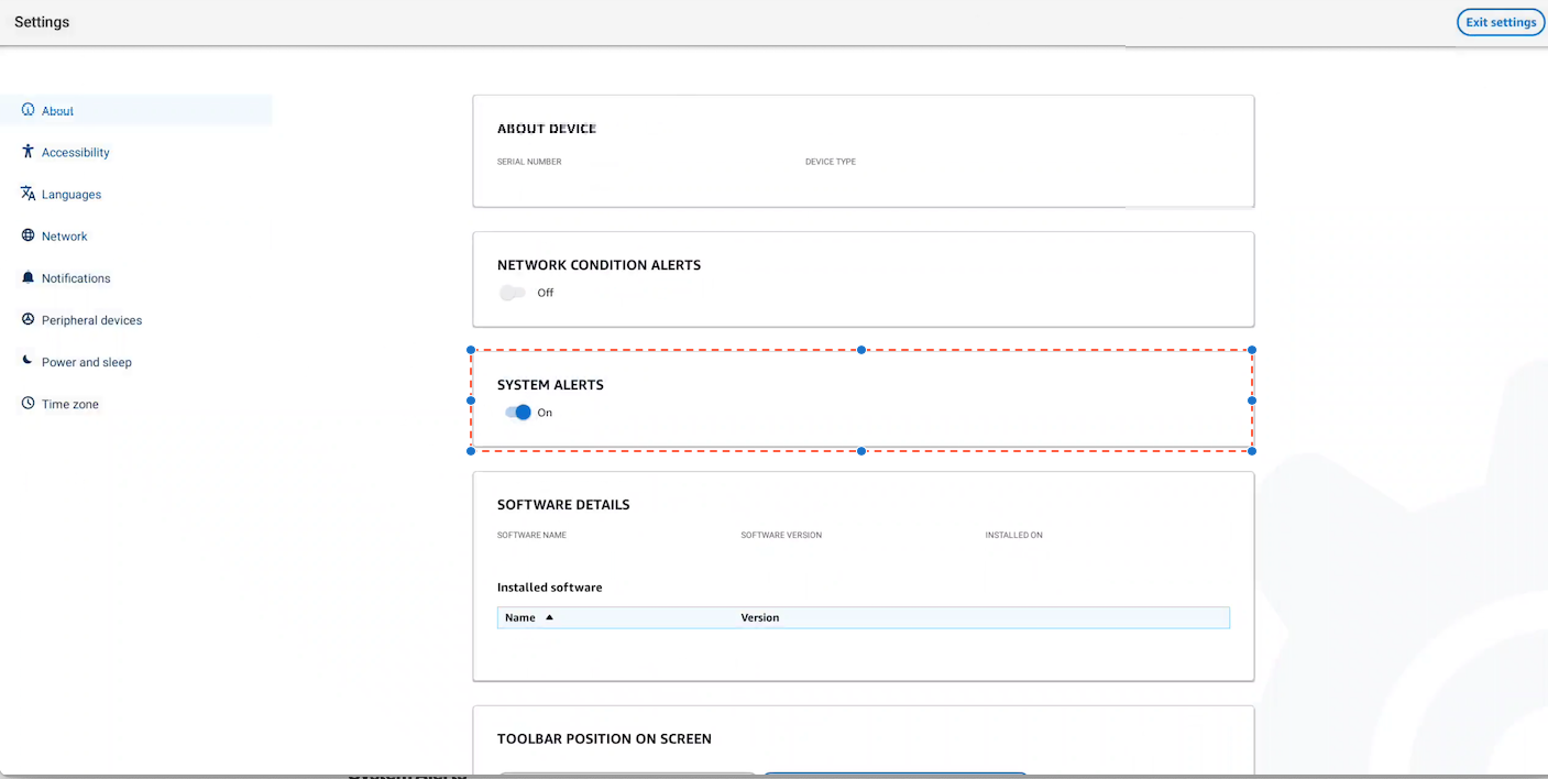 Settings interface showing options for About Device, Network Alerts, and System Alerts with toggle switches.