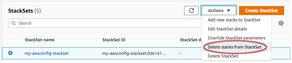 [アクション] メニューから [Delete stacks from StackSet (スタックセットからスタックを削除)] を選択します。