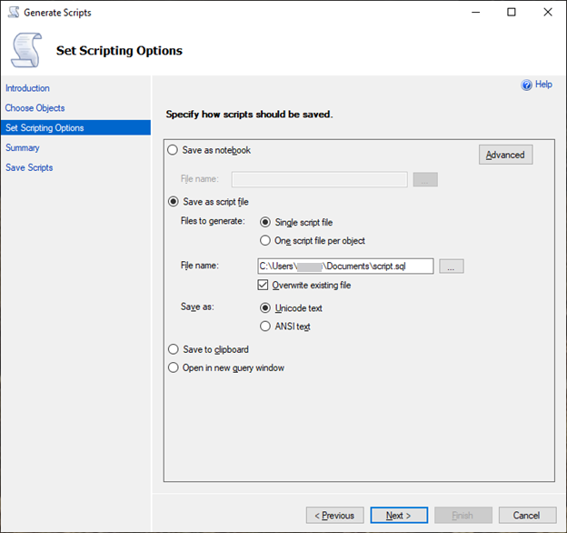 
							SSMS スクリプト生成ウィザードを使用して、スクリプトオプションを設定します。
						