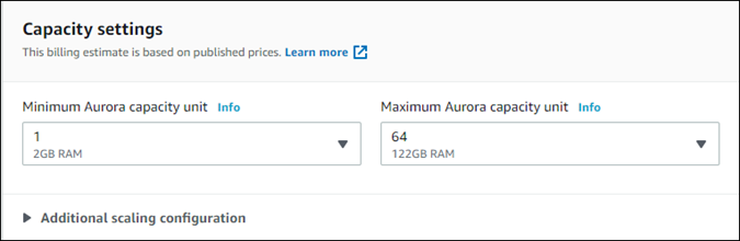 Serverless クローンを Aurora DB クラスターから作成するには、容量を指定します。