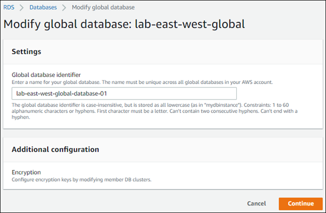 Aurora Global Database の設定を変更するページを示すスクリーンショット。