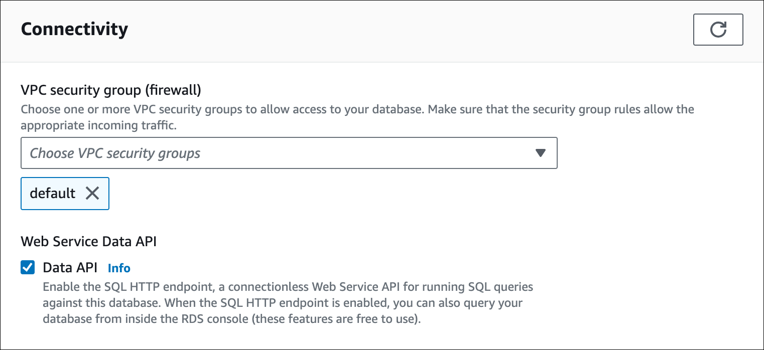DB クラスターの変更ページの [接続] セクションで、[Data API] チェックボックスが選択されています。