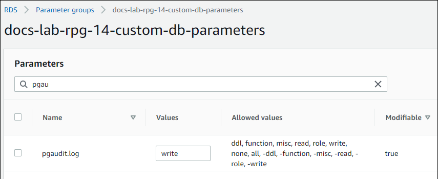 設定を含む pgaudit.log パラメータの画像。