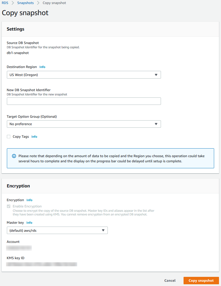 のスナップショットのコピー Amazon Relational Database Service