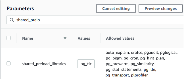 
                                pg_tle が追加された shared_preload_libraries パラメータの画像。
                            