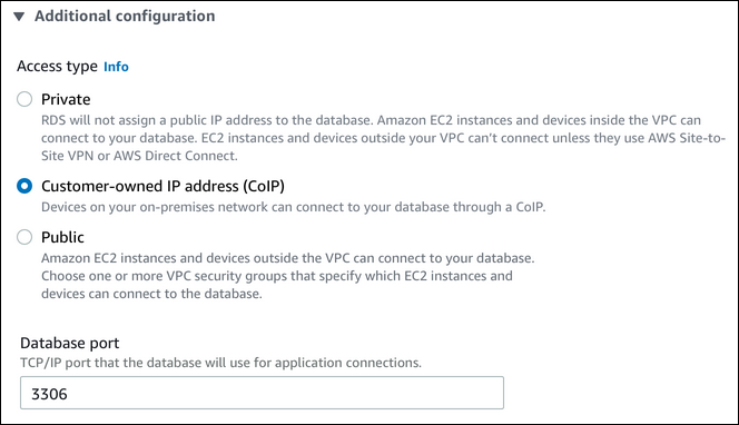 AWS Management Console での顧客所有の IP アドレス (CoIP) 設定。