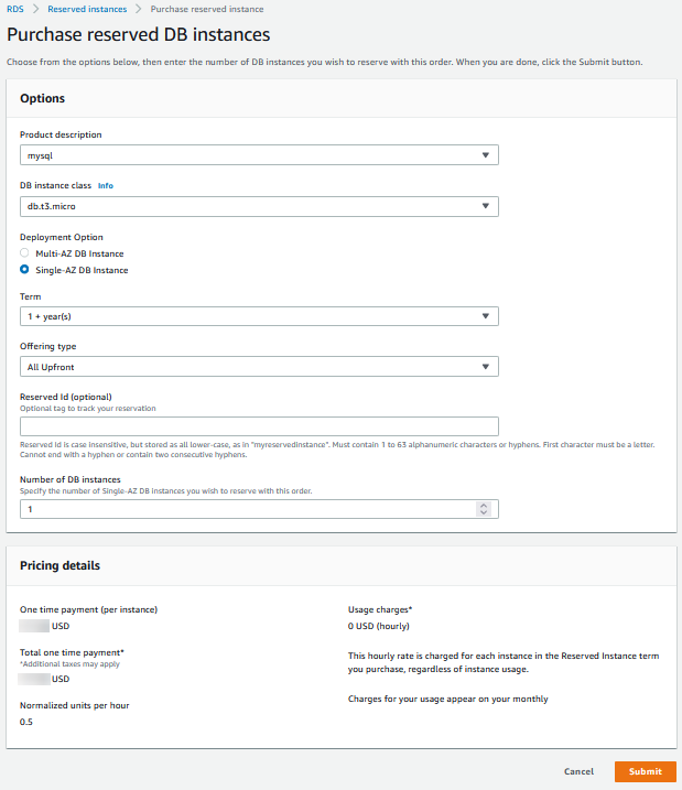 [Purchase reserved DB instance] (リザーブド DB インスタンスの購入) コンソール