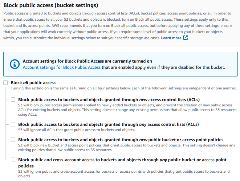 「パブリックアクセスをブロックする」バケットの設定を示すスクリーンショット