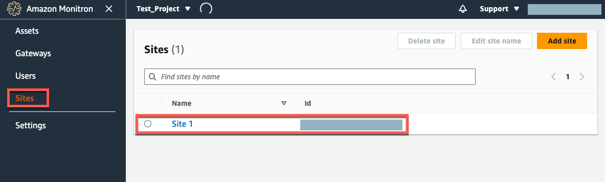 Amazon Monitron interface showing the Sites section with one site named "Site 1". (AI generated)