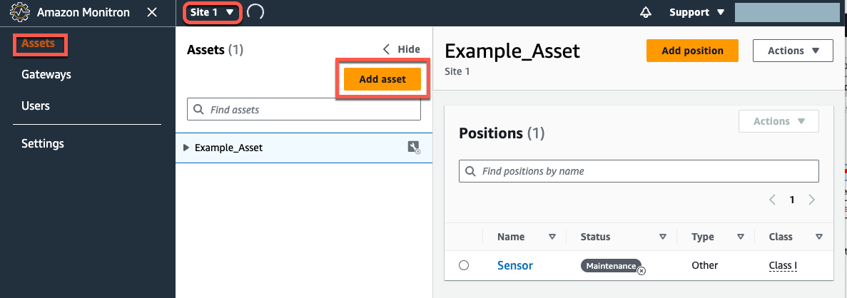 Amazon Monitron interface showing Assets section with Add asset button. (AI generated)