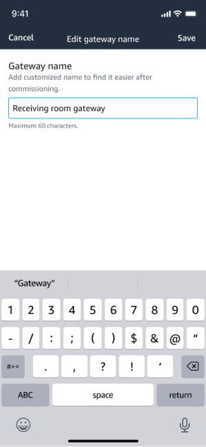 Mobile interface for editing a gateway name, with text input field and keyboard.