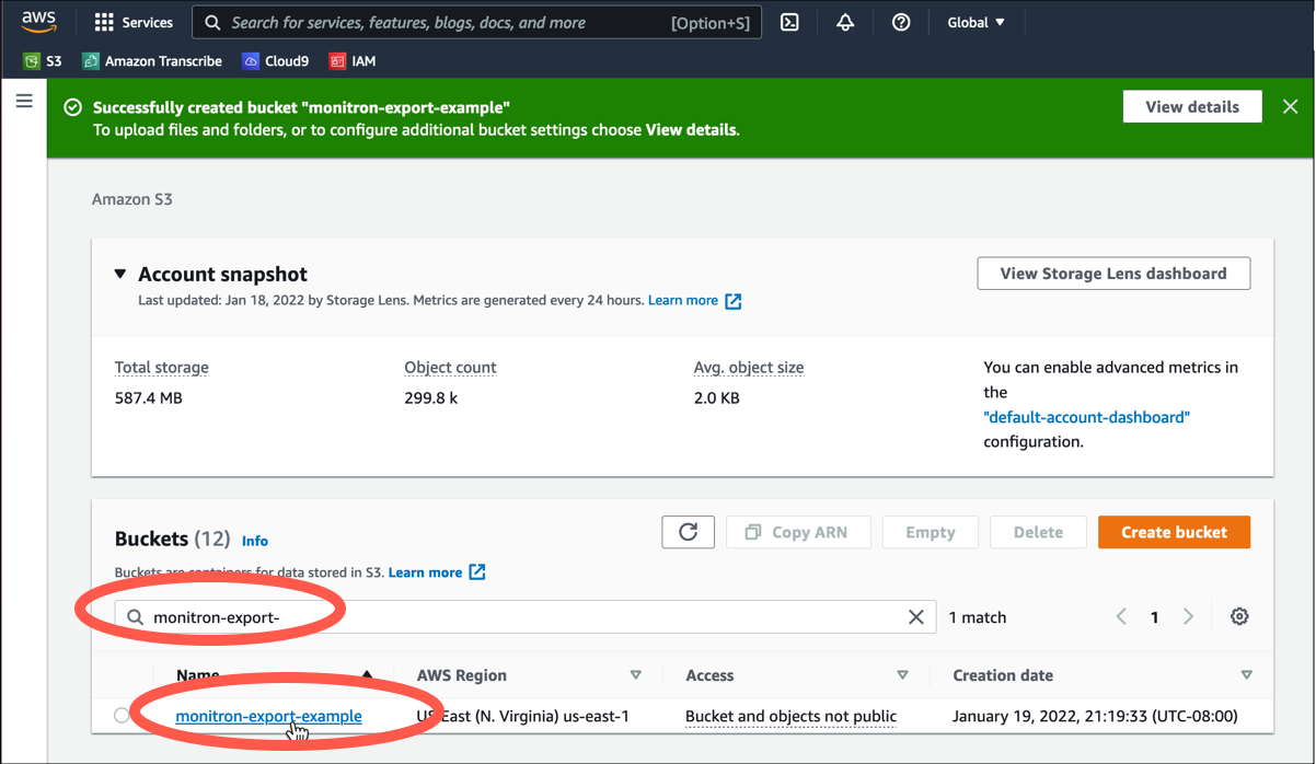 AWS Management Console showing a newly created S3 bucket named "monitron-export-example". (AI generated)