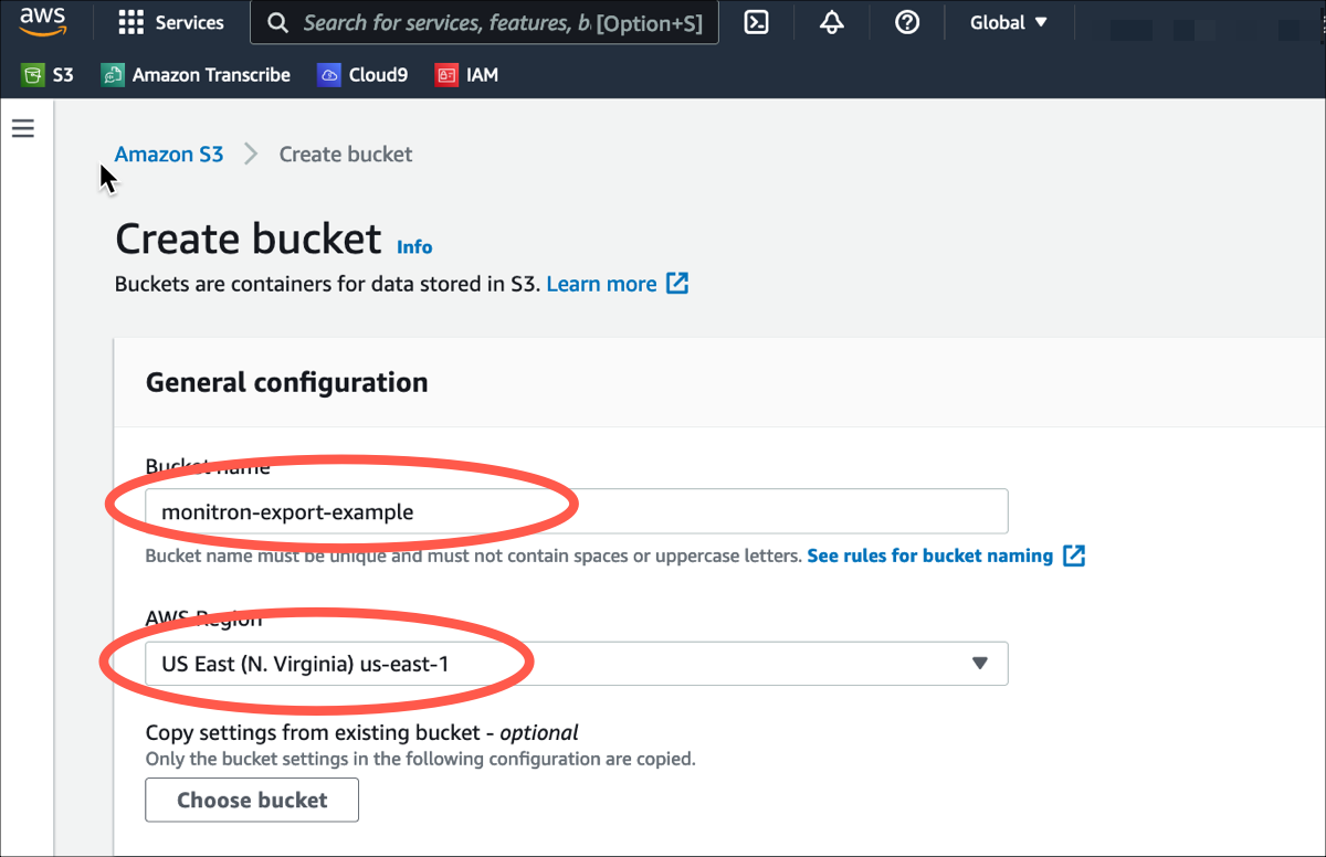 AWS S3 bucket creation interface with bucket name "monitron-export-example" and region "US East (N. Virginia) us-east-1". (AI generated)