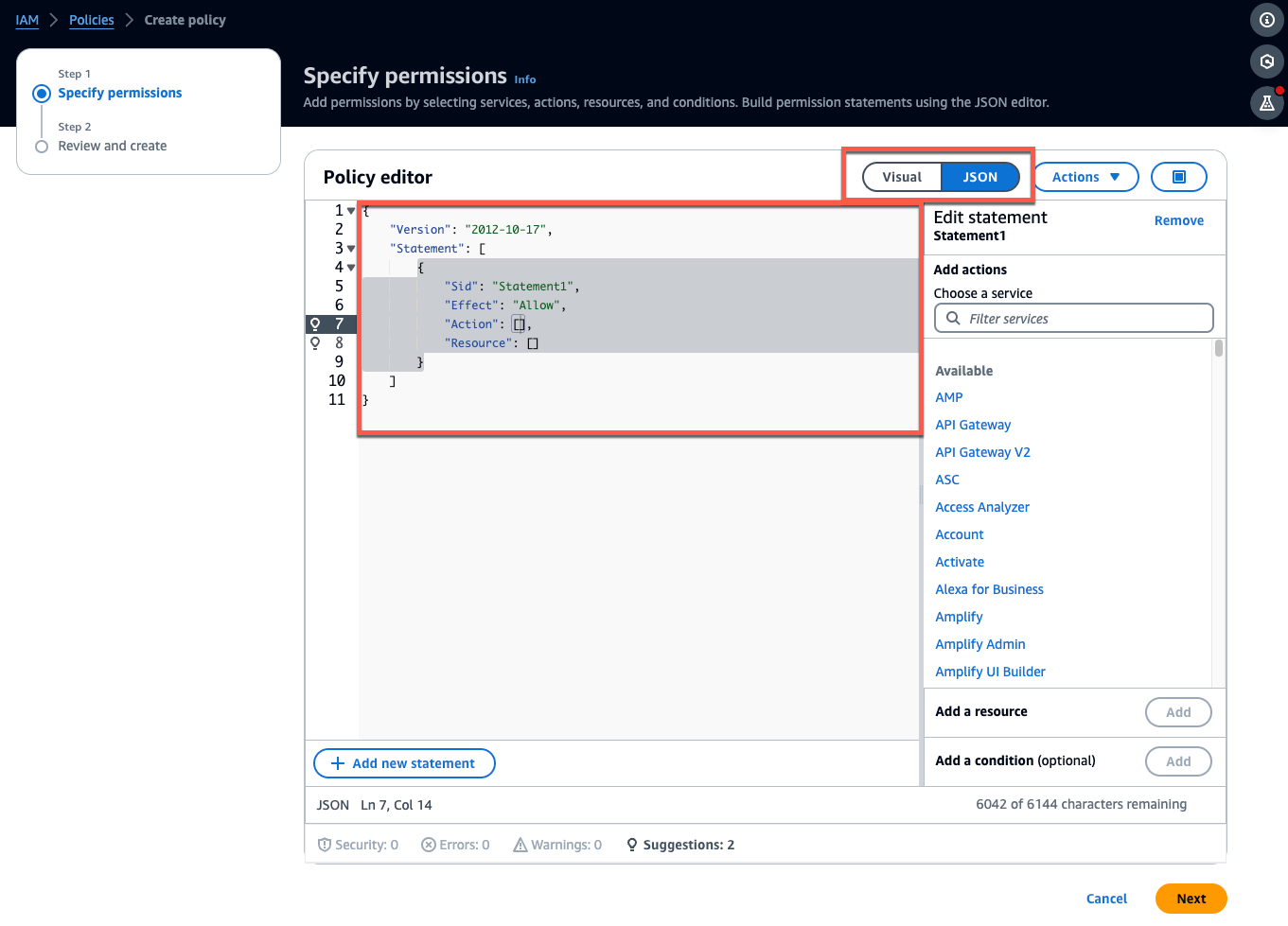 Policy editor interface with JSON tab selected, showing an empty policy statement. (AI generated)