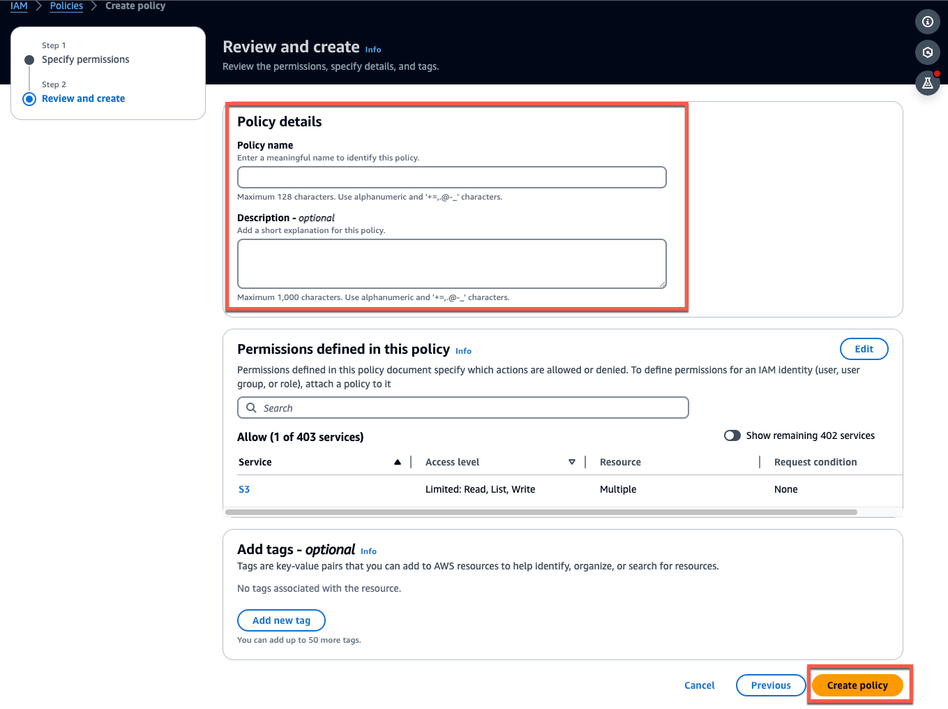 IAM policy creation interface with fields for policy name, description, permissions, and tags. (AI generated)