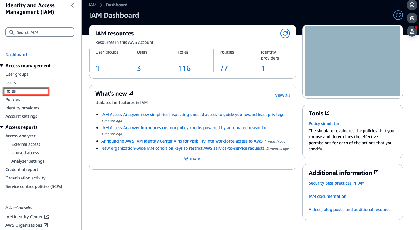 IAM Dashboard showing resource counts for user groups, users, roles, policies, and identity providers. (AI generated)