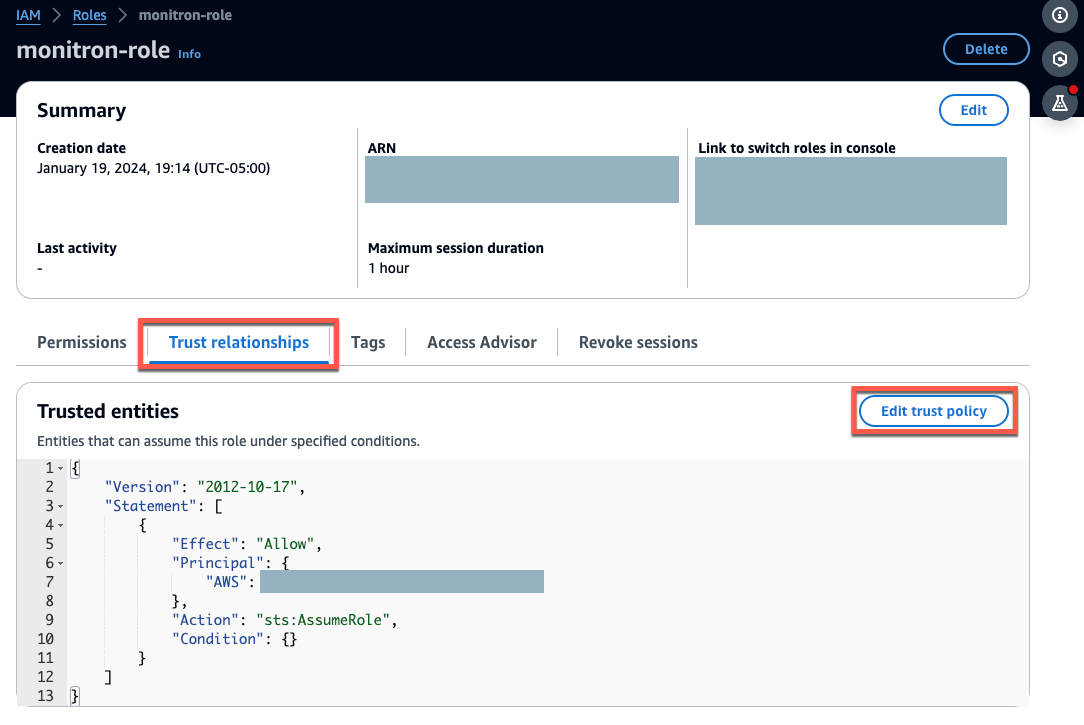 IAM role summary with trusted entities and edit trust policy button. (AI generated)