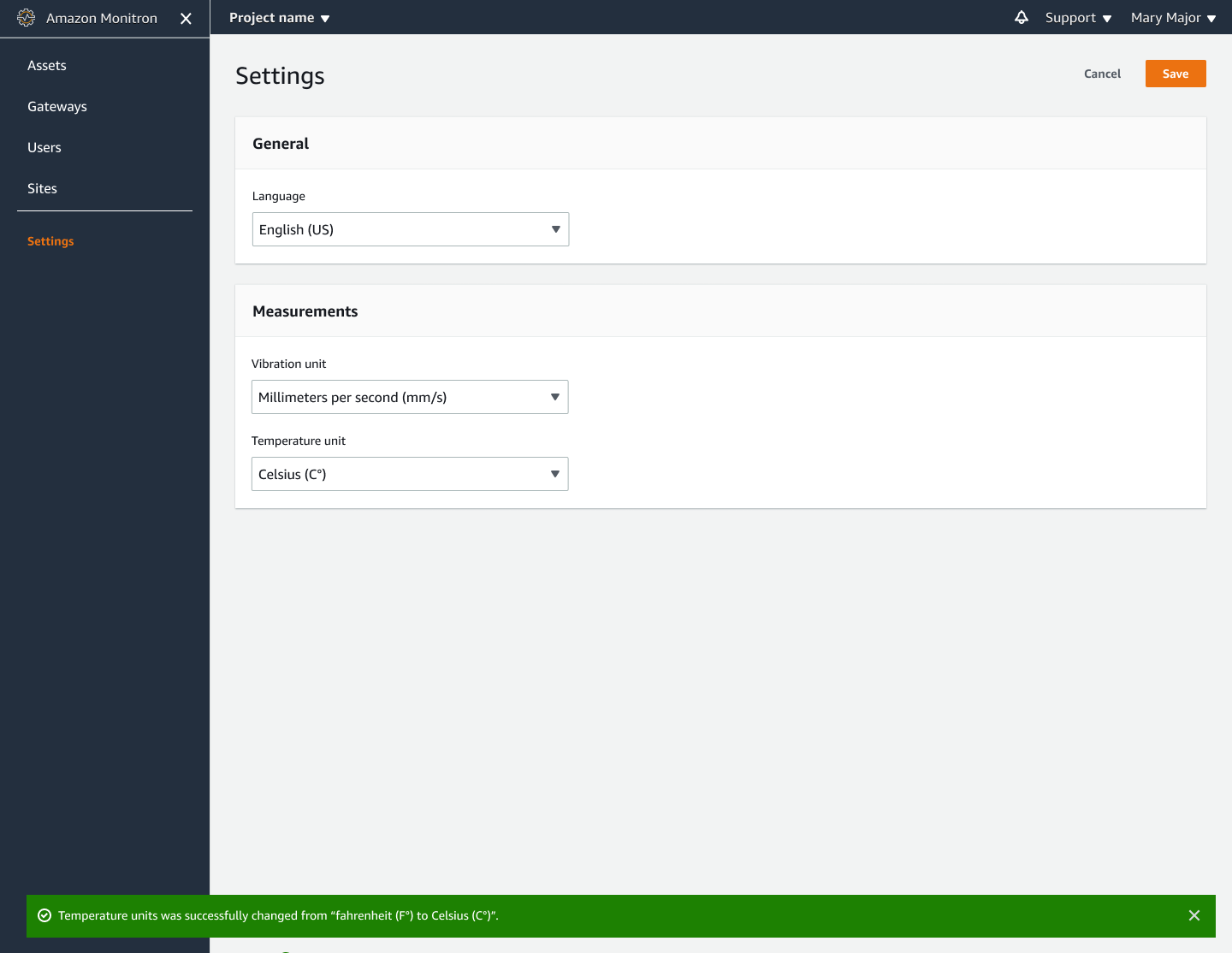 Settings page for Amazon Monitron with language and measurement unit options.