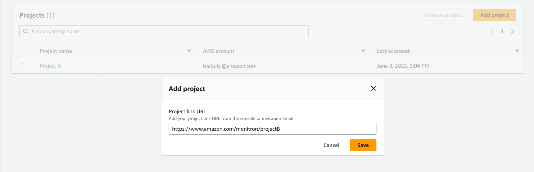 Add project dialog box with a field to enter the project link URL from the console or invitation email.