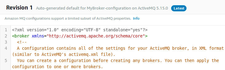 Auto-generated default ActiveMQ broker configuration in XML format. (AI generated)