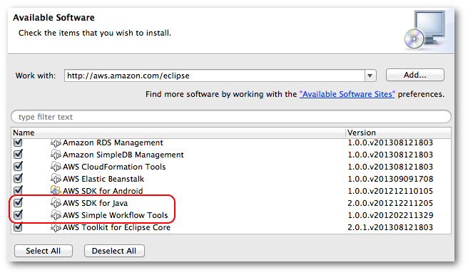 
                  SDK for Java および Amazon SWF ツールを含む AWS Toolkit for Eclipse をインストールする
               
