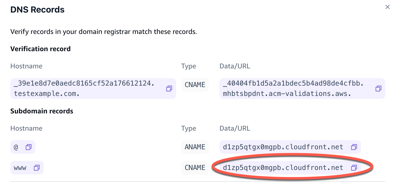ドメイン名レコードが丸で囲まれた Amplify コンソールの DNS レコードのスクリーンショット。