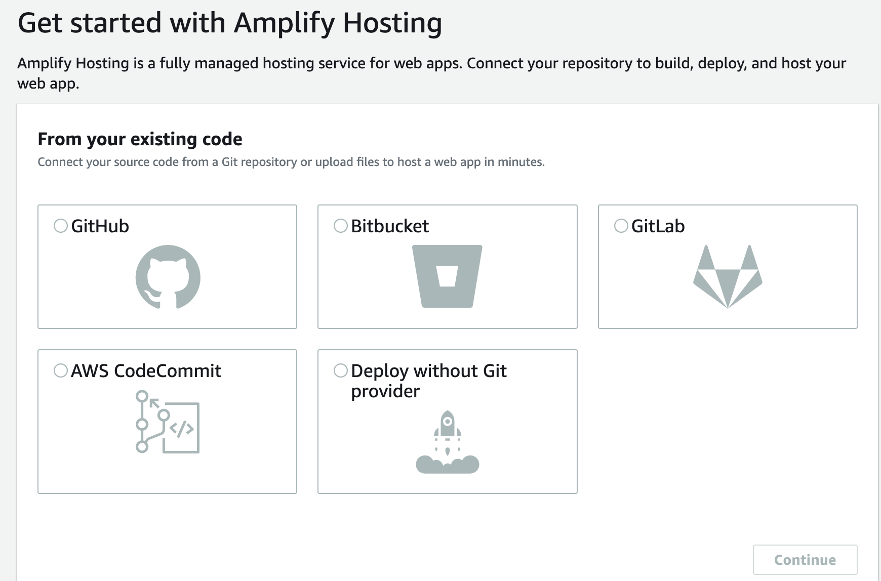 Amplify コンソールの「Amplify ホスティングスタートガイド」ページのスクリーンショット。