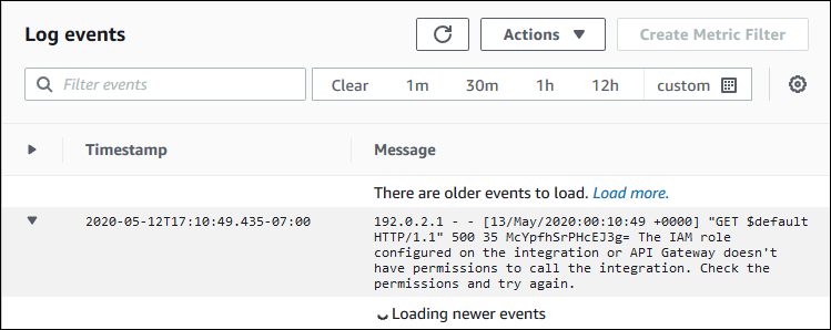 
                        CloudWatch Logs ログエントリに、Lambda からの統合エラーメッセージが表示されます。
                    
