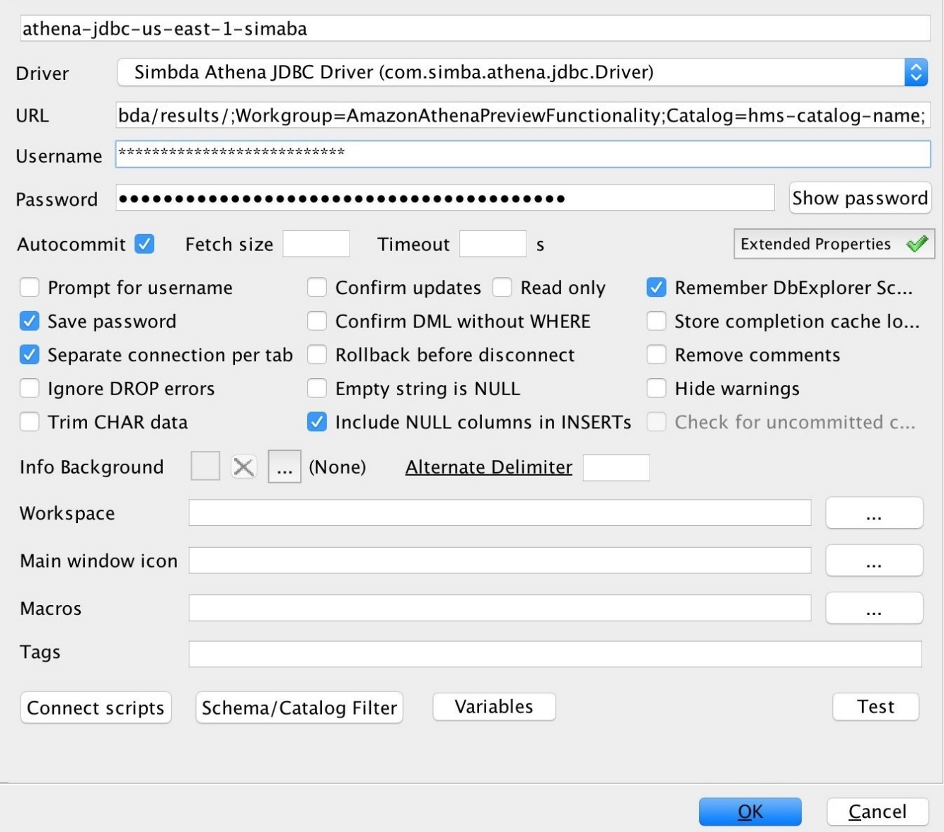 SQL Workbench での JDBC 接続 URL の設定。