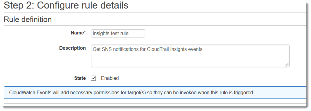
                CloudTrail Insights の新しい CloudWatch Events ルールに名前を付けます。
            