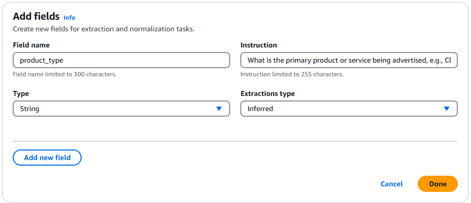 Amazon Bedrock イメージフィールドを指定するドロップダウンメニューとテキストフィールドを示す UI。