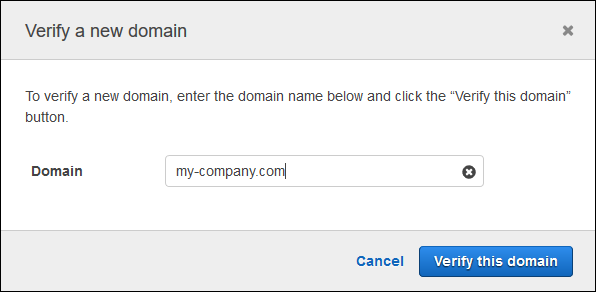 Amazon Chime コンソールの [Verify a new domain] (新しいドメインの検証) ダイアログボックス