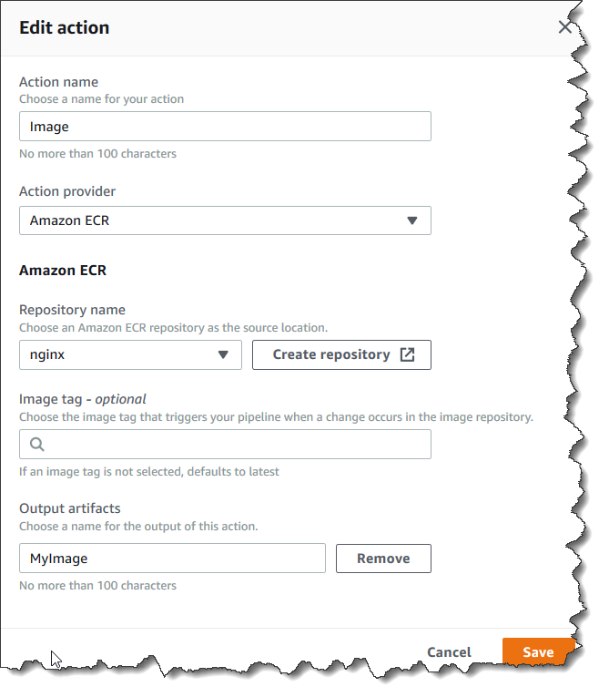 
                        Amazon ECR ソースアクションをパイプラインに追加します。
                    