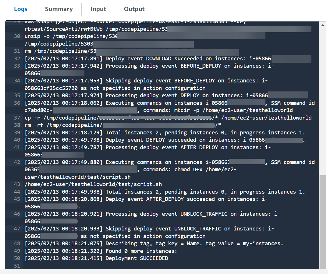 パイプラインの Amazon EC2 デプロイアクションのログの 2 ページ目を表示します。