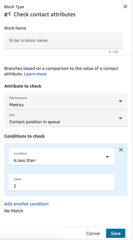 Get Metrics ブロックの後に問い合わせ属性のチェックフローブロックが続き、キューメトリクスの位置を評価する必要があります。