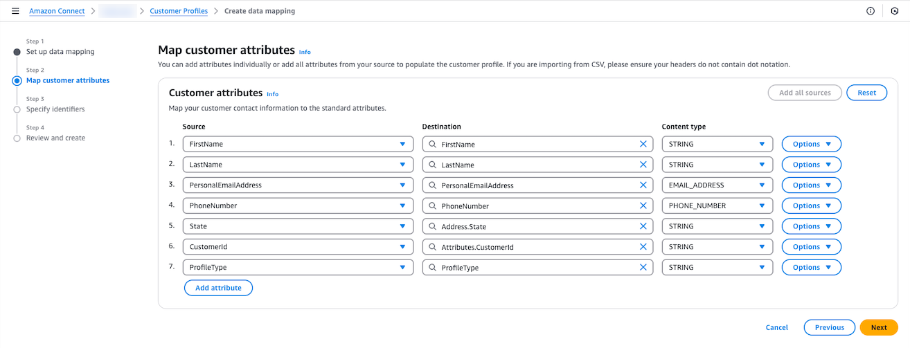 次に、顧客プロファイル属性をマッピングします。ProfileType という名前の送信先を書き留めます。